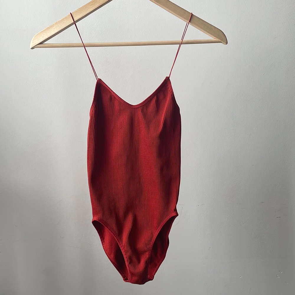 Out From Under Burnt Orange Red Ribbed Bodysuit Ultra Thin Straps- Small/ Petite